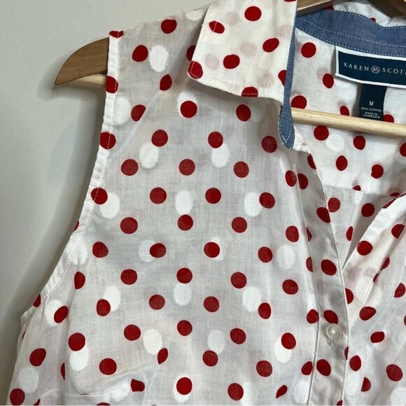 Karen Scott Womens Size Medium Red White Polka Dot Sleeveless Button Up Blouse - Picture 3 of 9